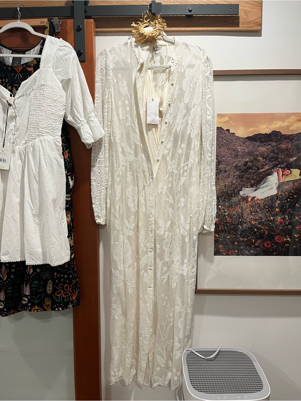 NWT Hemant & Nandita Nysa Shirt Dress Off White Lace Maxi Boho Bridal - Picture 2 of 8